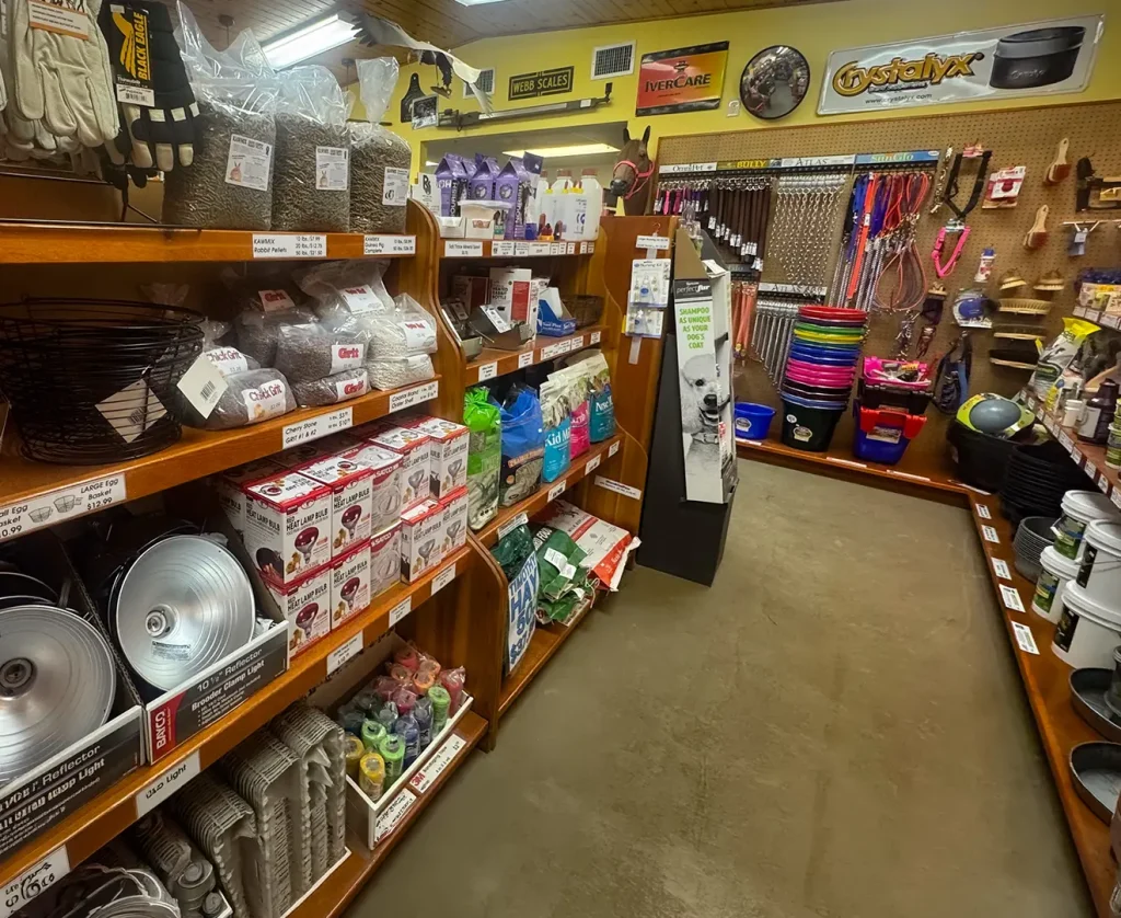 Interior of Valley Feed & Supply store showing animal supplies including collars, buckets, gloves, lights, and feed products.